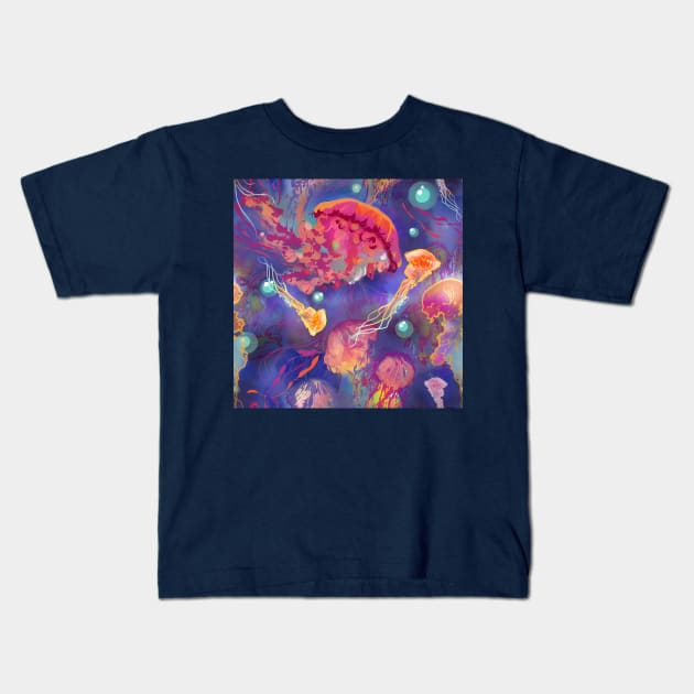 Jellyfish in deep blue water with bright rainbow colors undersea pattern Kids T-Shirt by sandpaperdaisy